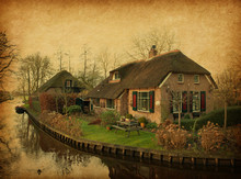 Old  House In Giethoorn, Netherlands.  Added Paper Texture.