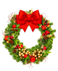 christmas wreath with red ribbon and golden decoration