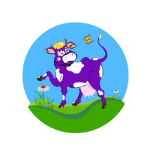 Sticker Dairy Products.A Purple Cheerful Cow