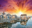 Nantucket, MA. Beautiful Port view with Wooden Homes at sunset