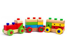 Colorful Wooden Toy Train Isolated On White Background