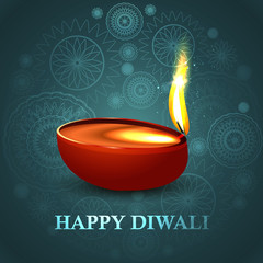 Wall Mural - Happy diwali beautiful diya blue colorful hindu festival backgro