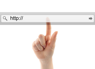 hand pushing virtual search bar on white background