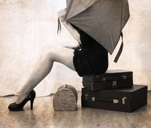 Artwork  In Vintage Style,  Beautiful Woman Waiting With Luggage