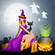 illustration of Halloween Witch preparing Poison in Cauldron