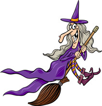 Witch On Broom Cartoon Illustration