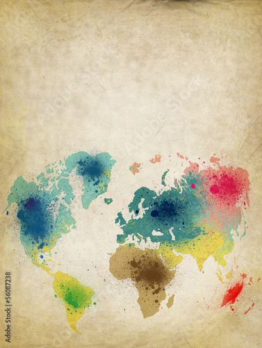 world map with colorful paint stains on old paper