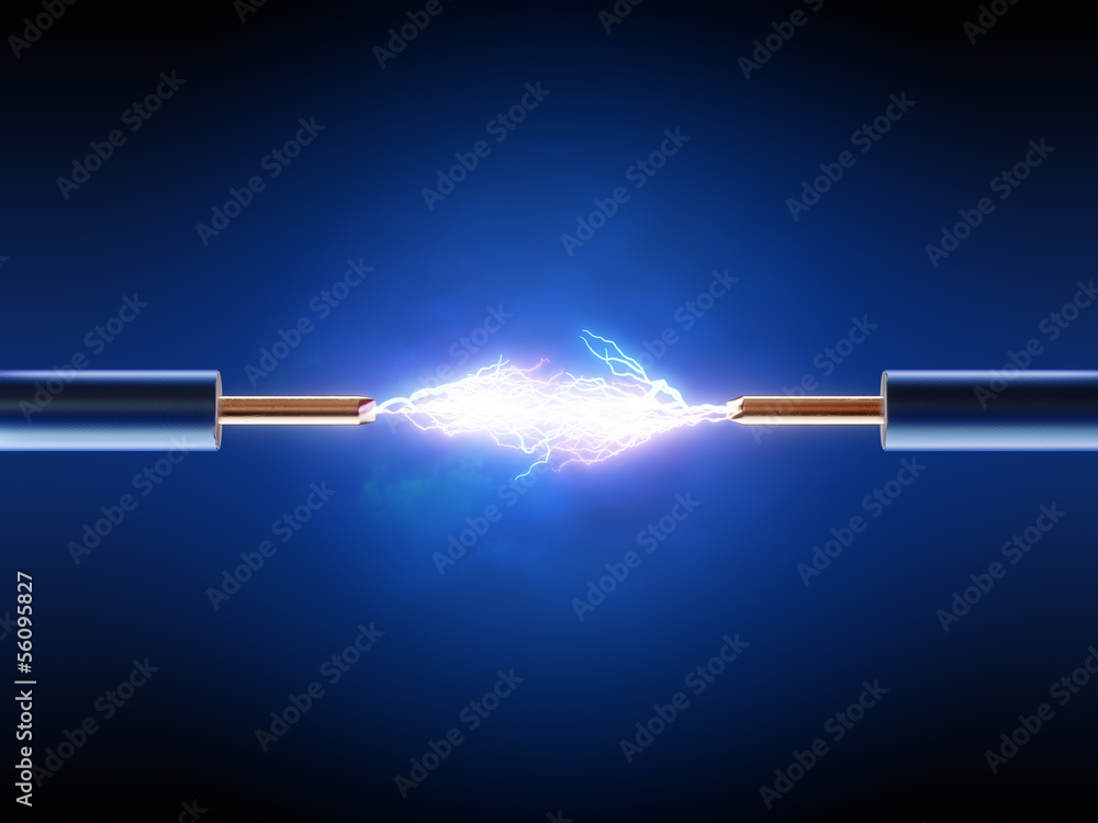 Electrical spark between  two insulated copper wires - obrazy, fototapety, plakaty 