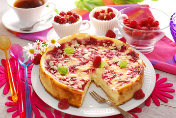 Wall Mural - cheesecake with raspberries and almonds