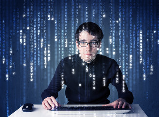 Fototapete - Hacker decoding information from futuristic network technology