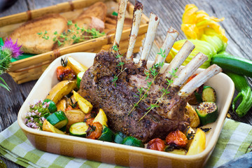 Wall Mural - Grilled Rack of Lamb chops with potatoes an vegetables