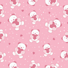Seamless Pink Baby Background With Teddy Bear And Hearts.