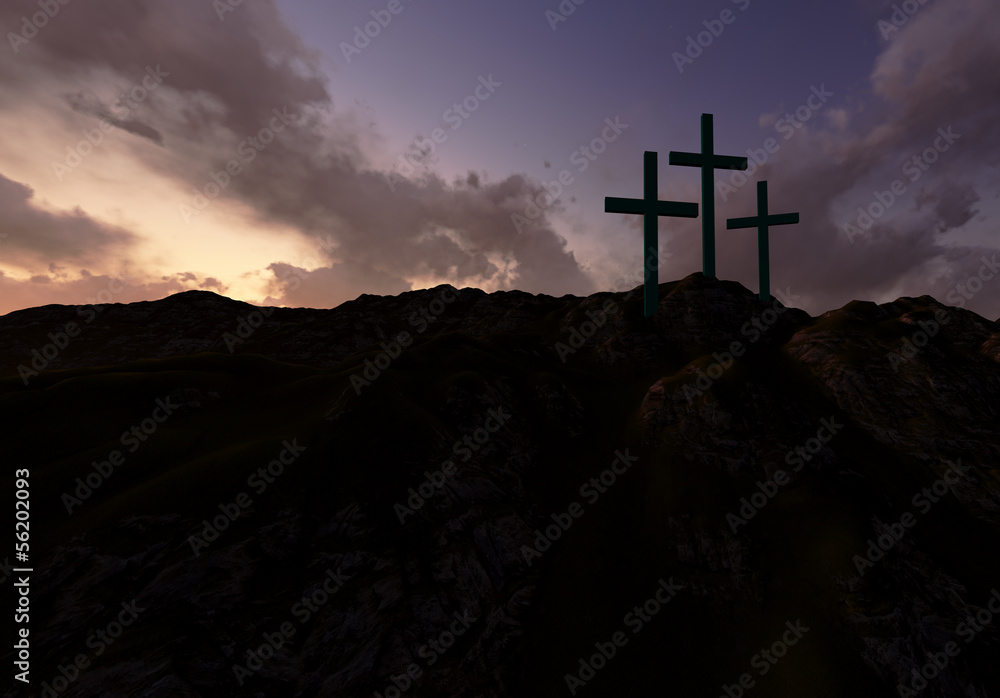 Three Crosses at Sunset - obrazy, fototapety, plakaty 
