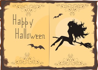 halloween card with silhouette of beautiful witch