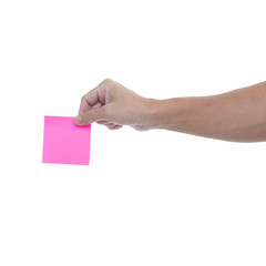 Sticker - Man hand with pink adhesive note isolated on white background