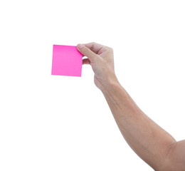 Sticker - Man hand with pink adhesive note isolated on white background