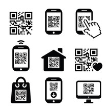 QR Code On Mobile Or Cell Phone Icons Set