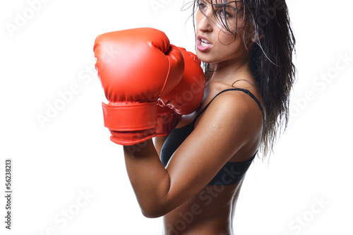 beautiful woman with the red boxing gloves, isolated on white Fototapete