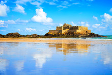 Saint Malo Fort National And Beach, Low Tide. Brittany, France.
