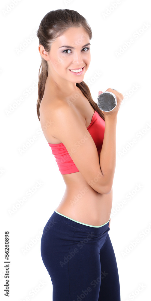 Beautiful young girl doing exercises isolated on white