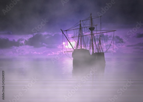 Obraz w ramie Pirate Ship at Sunrise with Fog