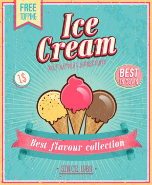 Fototapete - Vintage Ice Cream Poster. Vector illustration.