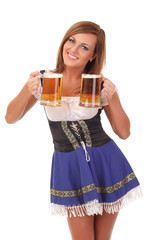 smiling waitress with two mugs of beer