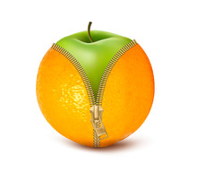 Unzipped Orange With Green Apple. Fruit And Diet Against Celluli