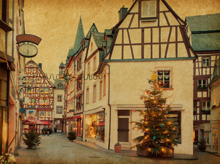 Poster - Cristmas Eve in Bernkastel-Kues, Germany. Added  paper texture.