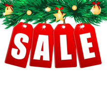 Word Sale On Red Labels Decorated With Christmas Tree Branches.s