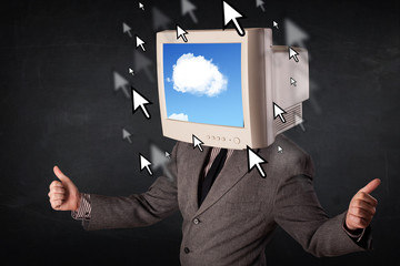 Business man with a monitor on his head, cloud system and pointe