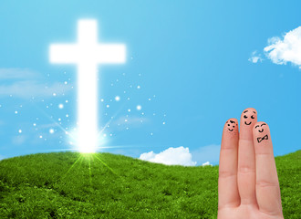 Happy finger smileys with christian religion cross