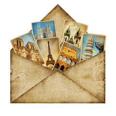 Fototapete - vintage envelope with travel cards