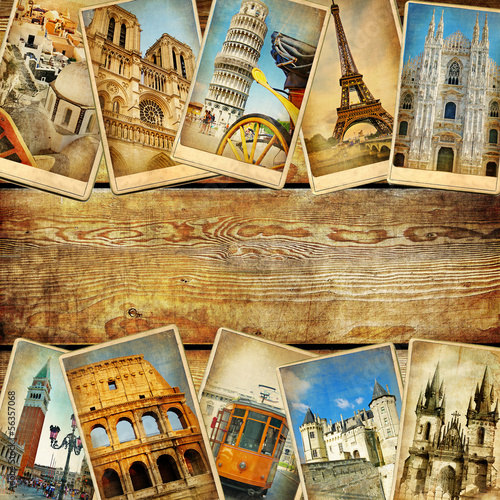 Naklejka na drzwi vintage collage cards with place for text - European travel