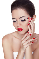 Eyeliner. Beauty girl. Eye Makeup. Manicure and Red Lips. Fashio