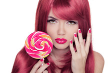 Beauty Girl Portrait Holding Lollipop With Colorful Makeup, Colo