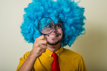 Wall Mural - crazy funny young man with blue wig