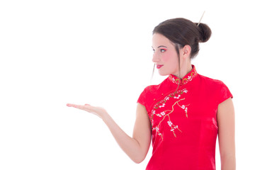 portrait of attractive girl in red japanese dress isolated on wh