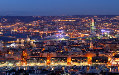 night cityscape of marseille and the mediterranean harbour