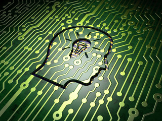 Data concept: Head With Lightbulb on circuit board background