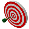 Dart hitting center target on dartboard on white background