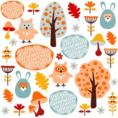 Wall Mural - Cute seamless forest vector pattern with animals hare and owl