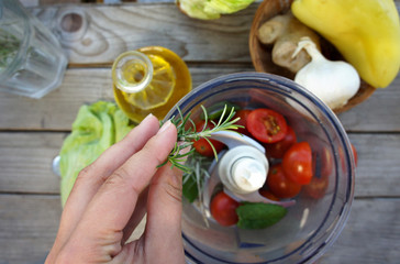 Salad preparation on the summer terrace