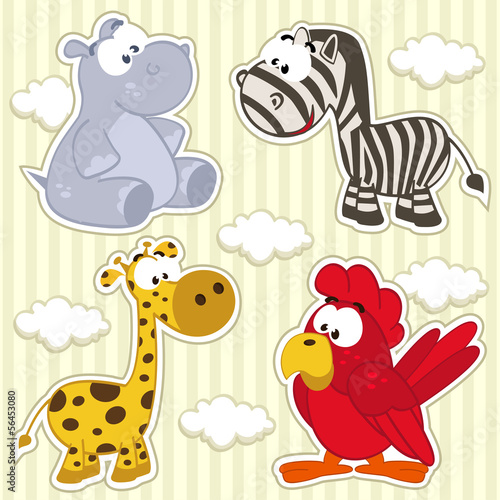 Naklejka dekoracyjna icon set animal hippo, giraffe, zebra, parrot - vector