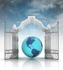 Wall Mural - open baroque gate with asia on globe with sky