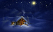 Christmas night landscape - hut, snow, pine trees, Moon