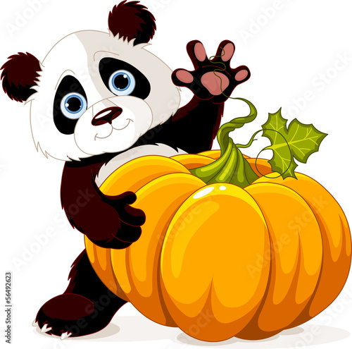 Plakat na zamówienie Halloweenowa panda trzymająca dynie