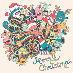 Sticker - Christmas background with cute crazy monsters