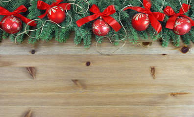 Wall Mural - christmas tree with baubles on wood texture