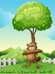 Wall Mural - A beaver near the tree holding a log